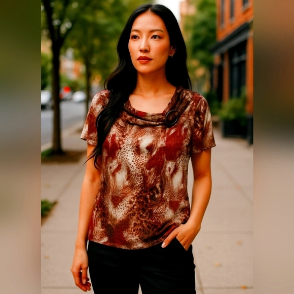 Tradition Tops - Tradition Cowl Neck Blouse With Buckle Decor At Neck Soft And Trendy S (6 _8 )